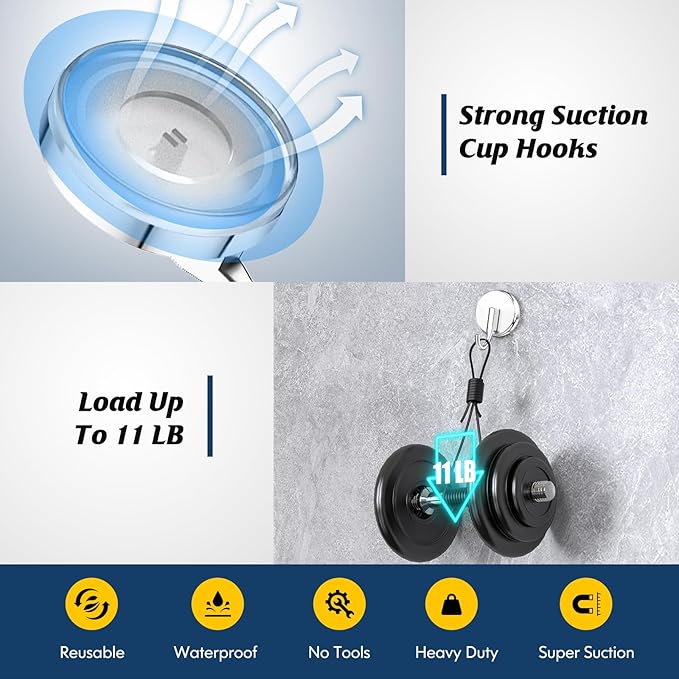Suction Cup Hooks for Shower, Shower Hooks Mounting on Glass Doors, Tile, Mirrors, Metals,Hook for Hanging Towels, Robe, Loofah, Jackets-Chrome(4 Pack)