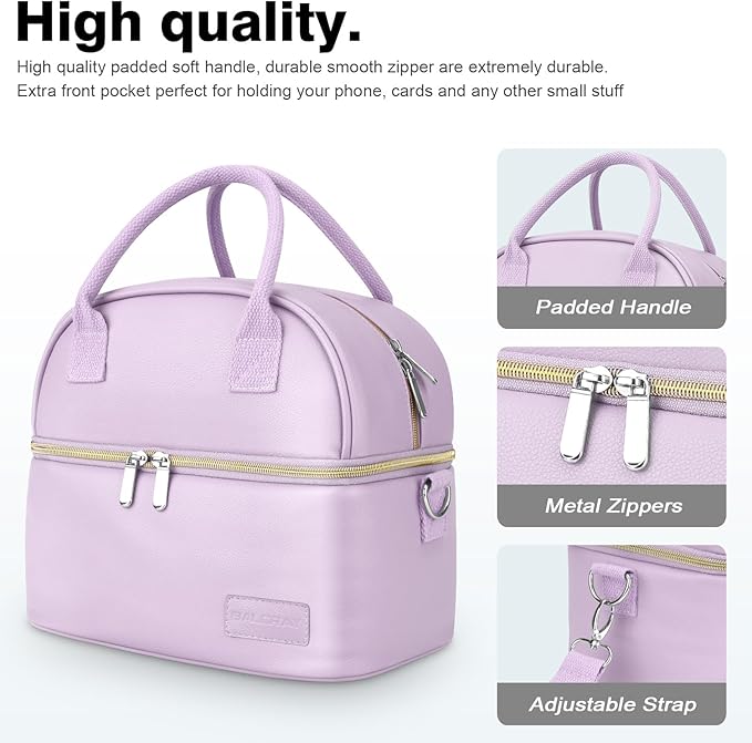 BALORAY Lunch Bag for Women Men, Double Deck Lunch Box for Adults, PU Leather Lunch Tote Bag Insulated Lunch Bags with Strap for Work Office Picnic(Purple with strap)