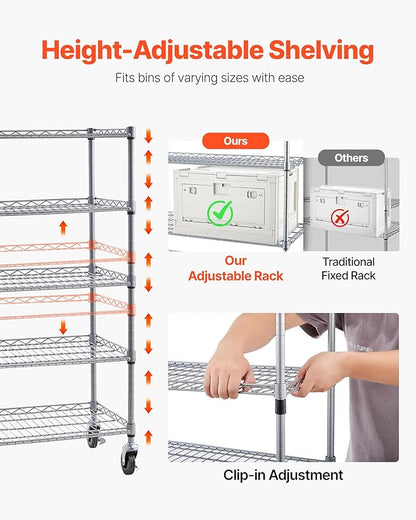 VEVOR 5-Tier Rolling Bin Storage Rack, 12 Organizer Bins, Bin Rack Storage Steel Wire Shelving System with Wheels, Mobile Tool Organizer for Garage, Warehouse, Office, Restaurant, Classroom, Kitchen