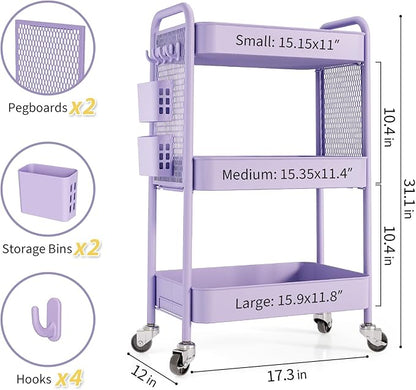 TOOLF 3 Tier Rolling Cart Storage Organizer, Metal Rolling Utility Cart with Wheels, Hooks & Bins Esthetician Craft Art Sturdy Storage with Pegboard for Bathroom, Kitchen, Office, Nursery Diaper