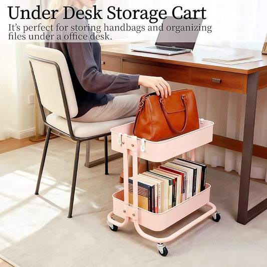 2 Tier Rolling Cart with Wheels for Under Desk Storage, Pink Small Rolling Pantry Storage Cart for Small Space, Metal Short Utility Shelf for Vanity Kitchen Bathrrom Laundry Organization