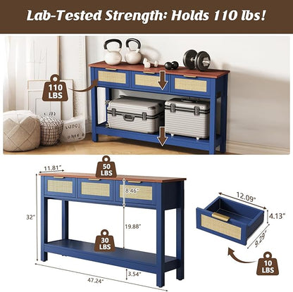 Luoxiao 47" Blue Entryway Table with 3 Rattan Drawers and Open Shelf Storage, Long Sofa Tables for Living Room, Console Entry Table for Hallway, Foyer, Couch, Front Door