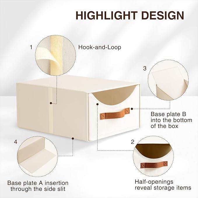 Stackable Storage Drawers - Collapsible Storage Bins with Drawers, 8 Pack Closet Shelf Organizer Basket, Fabric Pull Out Organizer for Bedroom, Living Room, Dorm, Beige