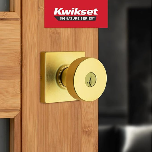 Kwikset Pismo Entry Door Knob with Lock and Key, Secure Keyed Handle Exterior Doorknob, Front Entrance and Bedroom, Satin Brass, Square, Pick Resistant SmartKey Rekey Security, Microban Protection