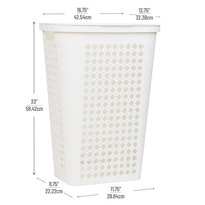 Mind Reader Slim Tapered Laundry Hamper with Lid, Clothes Basket with Swiss Cross Cut-Outs, Lightweight & Ventilated, Plastic, 16.75"L x 12.75"W x 23"H, White