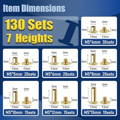 130 Sets Gold Chicago Screws Leather Rivets Kit, 7 Sizes (M5*4,5,6,8,10,12,15) & 3 Screw Lengths (M4*3,4,5) for Belts, Bookbinding, DIY Leather (Gold)