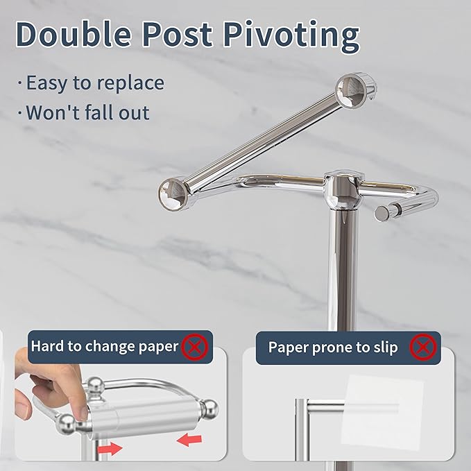 Toilet Paper Holder Stand, Post Pivoting Design Free Standing Toilet Paper Holder with Storage for 4 Rolls, SUS304 Stainless Steel Tissue Holder with Reserve, Heavy-Duty Base (Chrome)