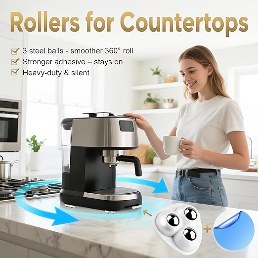 Self Adhesive Caster Wheels for Countertop - Furniture Sliders & Appliance Rollers for Kitchen, Coffee Machine, Blender, Oven - Easily Solves The Problem of Desktop Sliding (White, 16pcs)
