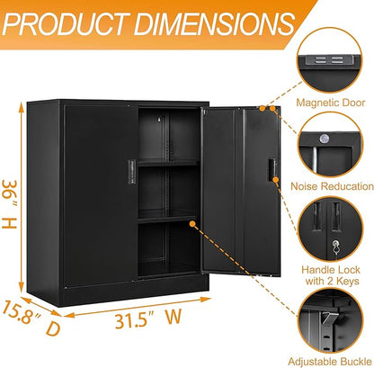BESFUR Metal Garage Storage Cabinet with 2 Locking Doors and 2 Adjustable Shelves, 36" Black Metal Short Storage Cabinet for Home Office,Garage,School,Utility Room