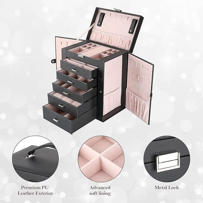 ProCase Large Jewelry Organizer Box for Women, 6 Layers Storage Display Holder Case with Drawers and Dividers for Earrings Necklaces Rings Bracelets, Mother's Day Gift -Black