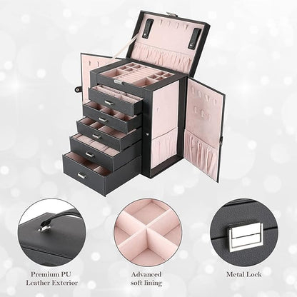 ProCase Large Jewelry Organizer Box for Women, 6 Layers Storage Display Holder Case with Drawers and Dividers for Earrings Necklaces Rings Bracelets, Mother's Day Gift -Black