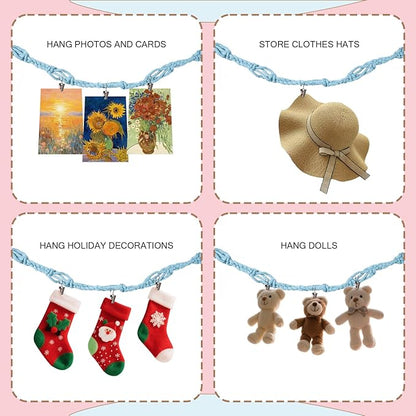 80" Cotton Hanging Storage Chain For Stuffed Animals Storage with 20 Metal Clips, Stuffed Animal Organizer Chain for Wall Corner Nursery Play Room, Baby Blue