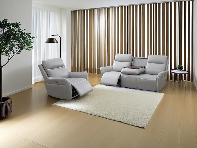 Reclining Power Sectional Sofa Couch Set, 2PCS Breathing Leather Recliner Sofa Chair Living Room Furniture Sets Reclining Sofa Set with Cup Holders/Storage Console/Drop-Down Table for Office