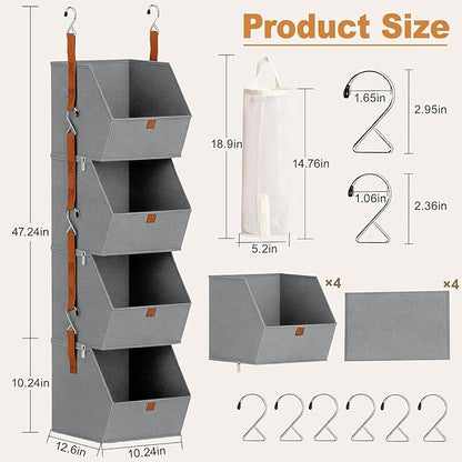 4 Tier Hanging Closet Organizer with Socks Storage Mesh Bag - Space Saving Storage Shelves for Closet, Wardrobe, Fabric Storage Bins for Dorm Rooms, Bedroom (Grey)