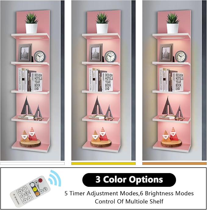 5 Tier Pink Wall Shelf Unit, Pink Shelves, Wall Shelves for Bathroom,Bedroom, Vanity Shelves, Wall Mount Vertical Lack Shelf with led
