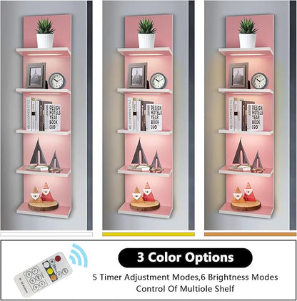 5 Tier Pink Wall Shelf Unit, Pink Shelves, Wall Shelves for Bathroom,Bedroom, Vanity Shelves, Wall Mount Vertical Lack Shelf with led