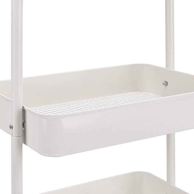 Amazon Basics 3-Tier Rolling Utility Cart, Storage Organizer, Lockable Wheels, Multifunctional Storage, Portable Mobile Shelving Unit, White