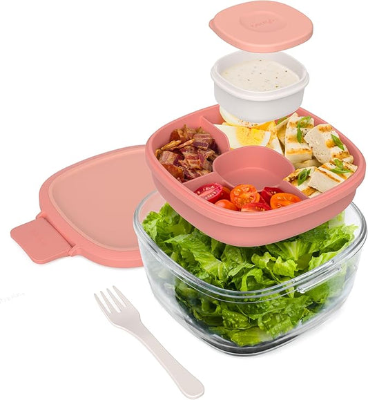 Bentgo Glass Salad Container - 7.6-Cup Salad Bowl with Airtight Lid, Leak-Proof Sauce Container, 4-Compartment Bento Tray & Reusable Fork - BPA-Free for Meal Prep, Office & More (Coral)
