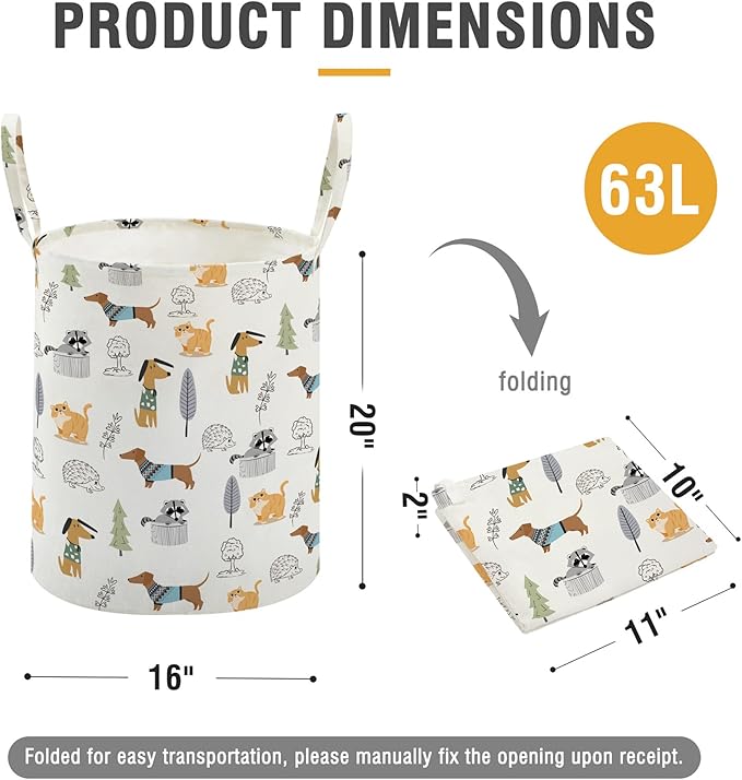 TECHMILLY Large Storage Basket for Girls and Boys, Collapsible Laundry Hamper with Long Handles, Toy Bins for Nursery, Kids Room Décor (Cartoon Animal)