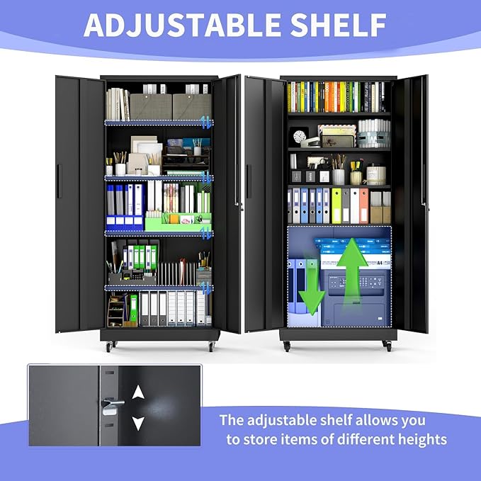 Metal Garage Storage Cabinet on Wheels, 71" Tall Lockable Rolling Tool Cabinet with Doors and 4 Adjustable Shelves, Heavy Duty Mobile Tool Cabinets for Garage Warehouse Workshop