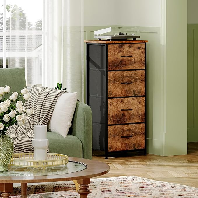 Somdot Dresser for Bedroom with 4 Drawers, Storage Organizer Chest of Drawers with Removable Fabric Bins for Closet Bedside Living Room Laundry Entryway Hallway, Wood Grain Print