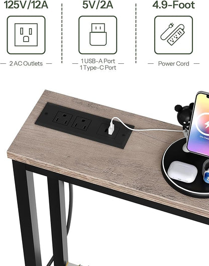 78.7" Narrow Console Table with Charging Station, Behind Couch Table with 2 AC Outlets, 1 USB and 1 Type-C Port for Hallway, Living Room, Foyer, Greige and Black TXG02UBG