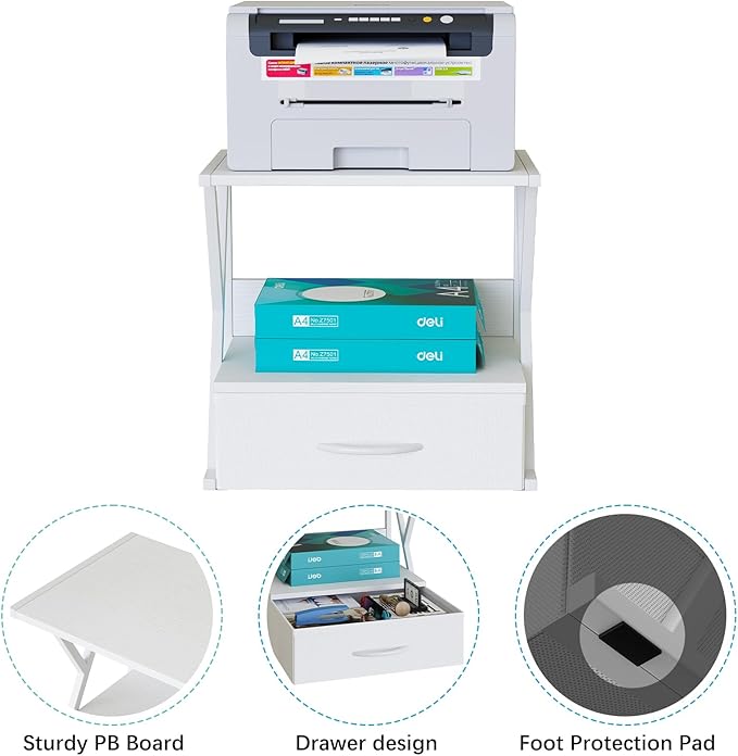 aboxoo Printer Stand for Desk with Storage Drawer, 2 Tier Desktop Or UnderDesk Shelf, Multi-Purpose Desk Organizer for Home Office, fit Fax Machine/3D Printer/Scanner, White