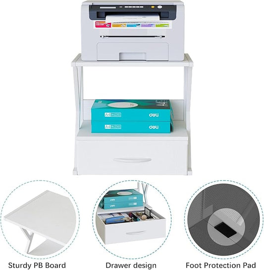 aboxoo Printer Stand for Desk with Storage Drawer, 2 Tier Desktop Or UnderDesk Shelf, Multi-Purpose Desk Organizer for Home Office, fit Fax Machine/3D Printer/Scanner, White