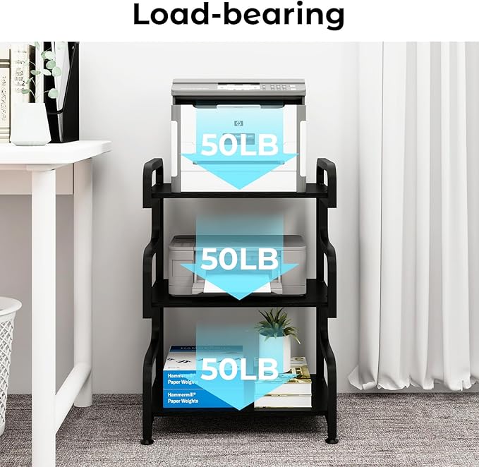 Natwind 3-Tier Printer Stand with Wheels Movable Storage Cart Floor-Standing Multi-Purpose Shelf Rack for Media Player Scanner Files Books Microwave Oven in Kitchen Living Room Home Office (Black)