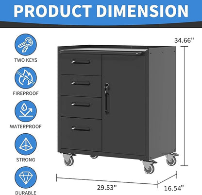 Metal Storage Cabinet with Wheels, Garage Storage Cabinet with 1 Door and 4 Drawer, Rolling Tool Cabinet, Assembly Required, Black