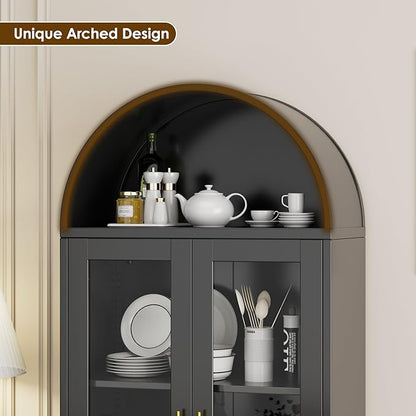 73'' H Metal Arched Display Cabinet with Glass Door,Locking Kitchen Pantry Cabinet with Lockable Door and 2 Adjustable Shelves for Home Office, Assembly Required, Black
