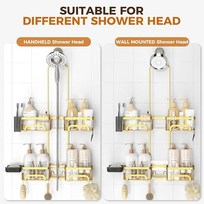 REINHARDT Shower Caddy Hanging for Handheld Showerheads Adjustable Split Shower Caddy, Rustproof Shower Organizer with Hooks for Razors Over the Head Caddy with Soap Holder Bathroom Accessories, Gold
