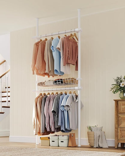 Floor-to-Ceiling Clothing Rack with Wire Storage Basket, Double Hanging Rods, Adjustable Tension Closet Organizer for Bedroom, Walk-In Closet, Laundry Room, 2-Pole, White