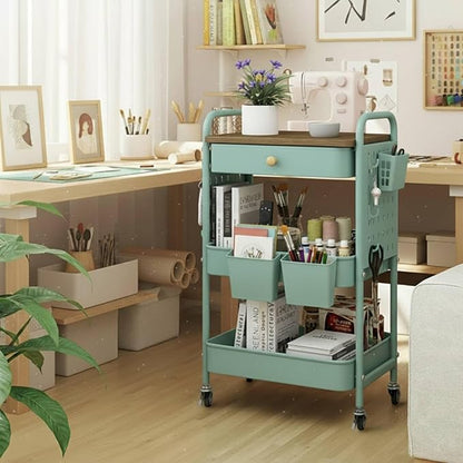 danpinera 3 Tier Rolling Cart, Metal Utility Cart with Wooden Table Top & DIY Pegboard, Rolling Carts with Drawer, Storage Cart Craft Cart with Hooks & Hanging Cups for Kitchen, Bathroom, Office