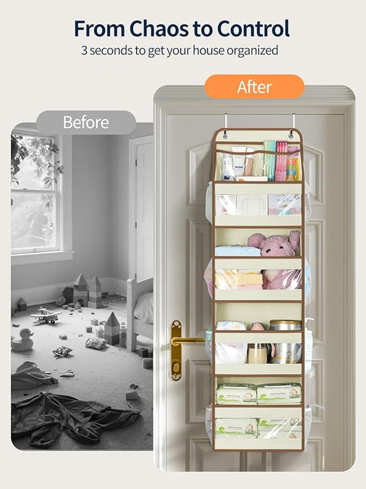Yecaye 5 Tier 1Pc Over the Door Organizer, Swing-proof Door Organizer Hanging with Clear PVC Windows, Behind the Door Storage for Bedroom Nursery Closet Laundry Pantry Bathroom, Beige