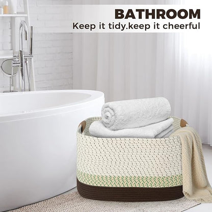danpinera 108L Large Basket for Living Room, Nursery & Laundry, Kids Toy Basket Storage with Leather Handle, 25’’*16’’*16’’ White & Mottled Green