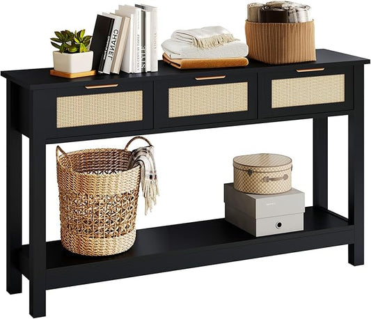 Luoxiao Entryway Table with 3 Rattan Drawers, 47" Narrow Console Table with Storage Shelf, Modern Black Sofa Table for Living Room Hallway Foyer, Slim Entry Way Cabinet, Anti-Tip, Easy Assembly
