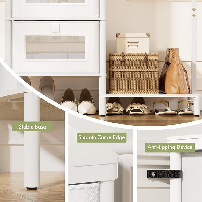 Bamboo Dresser with Hanging Rack, 4-Drawer Small Closet Organizer for Bedroom, Tall Storage Tower with Clothes Rack, Natural Wood 41.4"H x 31.3"W–Space-Saving Design, Easy Assembly （white）