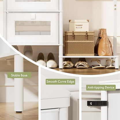 Bamboo Dresser with Hanging Rack, 4-Drawer Small Closet Organizer for Bedroom, Tall Storage Tower with Clothes Rack, Natural Wood 41.4"H x 31.3"W–Space-Saving Design, Easy Assembly （white）