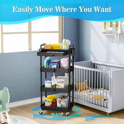 4 Tier Rolling Utility Cart with Drawer, Storage Organizer Cart with 2 Lockable Wheels, Multifunctional Rolling Storage Cart for Bathroom, Kitchen, Craft, Makeup, Baby Essentials, Black