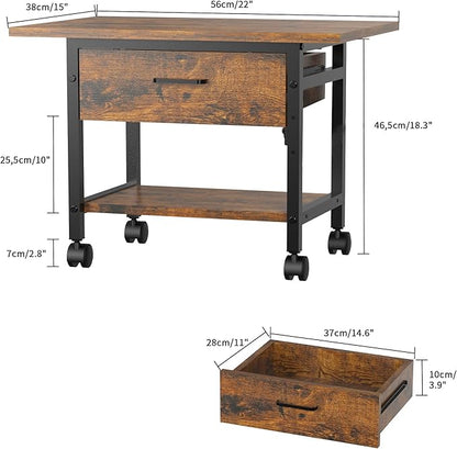 Aetheris Heavy-Duty Printer Stand with Locking Wheels, 2 -Tier Under Desk Table with Storage Drawer, Large Rolling Cart, Printer Table, Fits Printer Scanner Fax Machine, 22" x 15" x 18.3", Brown
