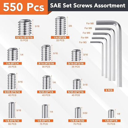 1400 Pcs 26 Size Set Screw Kit Metric&SAE Set Screw Assortment Kit 304 Stainless Steel Head Socket Hex Metric Set Screws Kit Cup-Point Screws (M3-M8, 1/8"-40 to 5/16"-18)