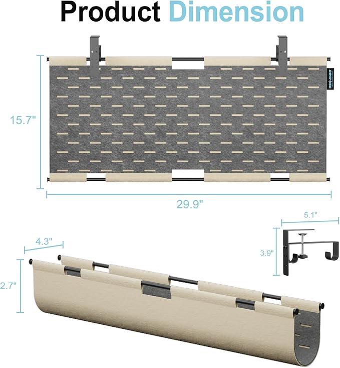 No Drill Under Desk Cable Management Tray, 30" Large Felt Cord Organizer with Pegboard-Style Design, Power Strip Holder, Privacy Panel for Standing Desk & Home Office, Clamp/Screw Mount (Khaki/Gray)