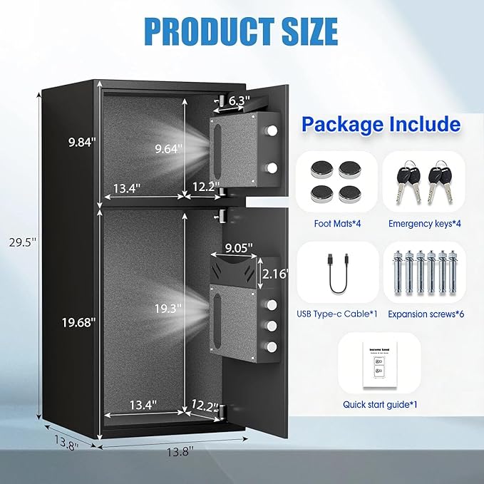 6.5 Cu Ft Fireproof Waterproof Safe Box with Fingerprint & Password Lock, LED Light, Deposit Slot & Dual Alarm System, Large Home Security Safe for Documents, Cash, Pistols, Valuables