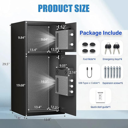 6.5 Cu Ft Fireproof Waterproof Safe Box with Fingerprint & Password Lock, LED Light, Deposit Slot & Dual Alarm System, Large Home Security Safe for Documents, Cash, Pistols, Valuables