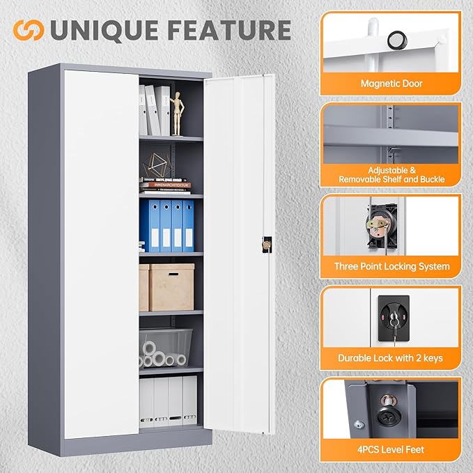 Metal Garage Storage Cabinets with Lock, 71" Tall Tool Cabinet with 2 Door and 5 Adjustable Shelves, Locking Garage Cabinets and Lockable Steel Locker for Home Office Warehouse-(Gray White-71”H)