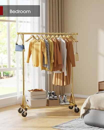 Stainless Steel Rolling Clothes Rack with Mesh Shelf, Lockable Wheels & Anti-Slip Stoppers, Stable Freestanding Clothing Organizer for Bedroom, Laundry Room, 42.5" x 16.5" x 65.9", Glod