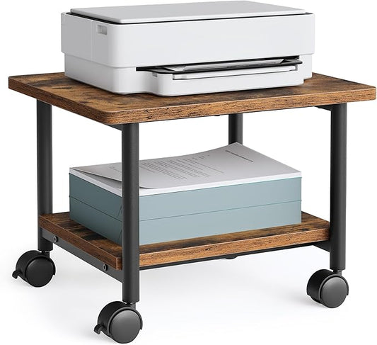 VASAGLE Printer Stand with Locking Wheels, 2-Tier Shelf, Industrial Under Desk Heavy-Duty Mobile Cart for Home Office, Rustic Brown and Black UOPS002B01