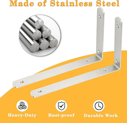 Alise Floating Shelf Brackets,L Brackets for Shelves Heavy Duty Wall Bracket Corner Brace Stainless Steel Joint Angle Bracket for Wooden Board Support,Brushed,10x6x1.2 Inch(Upgraded,Pack of 4)