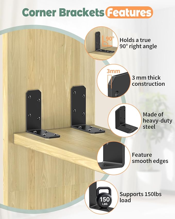 3"x3" L Brackets, 90 Degree Angle Iron, Heavy Duty Steel Corner Brace for Wood Shelves, Post, Floating Shelves, Desk (Black-4 Pcs)